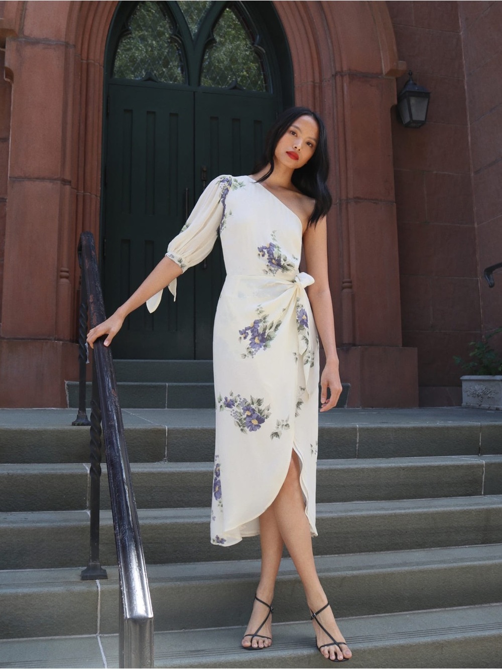 Reformation Rainey One-Shoulder White Floral Wrap Dress